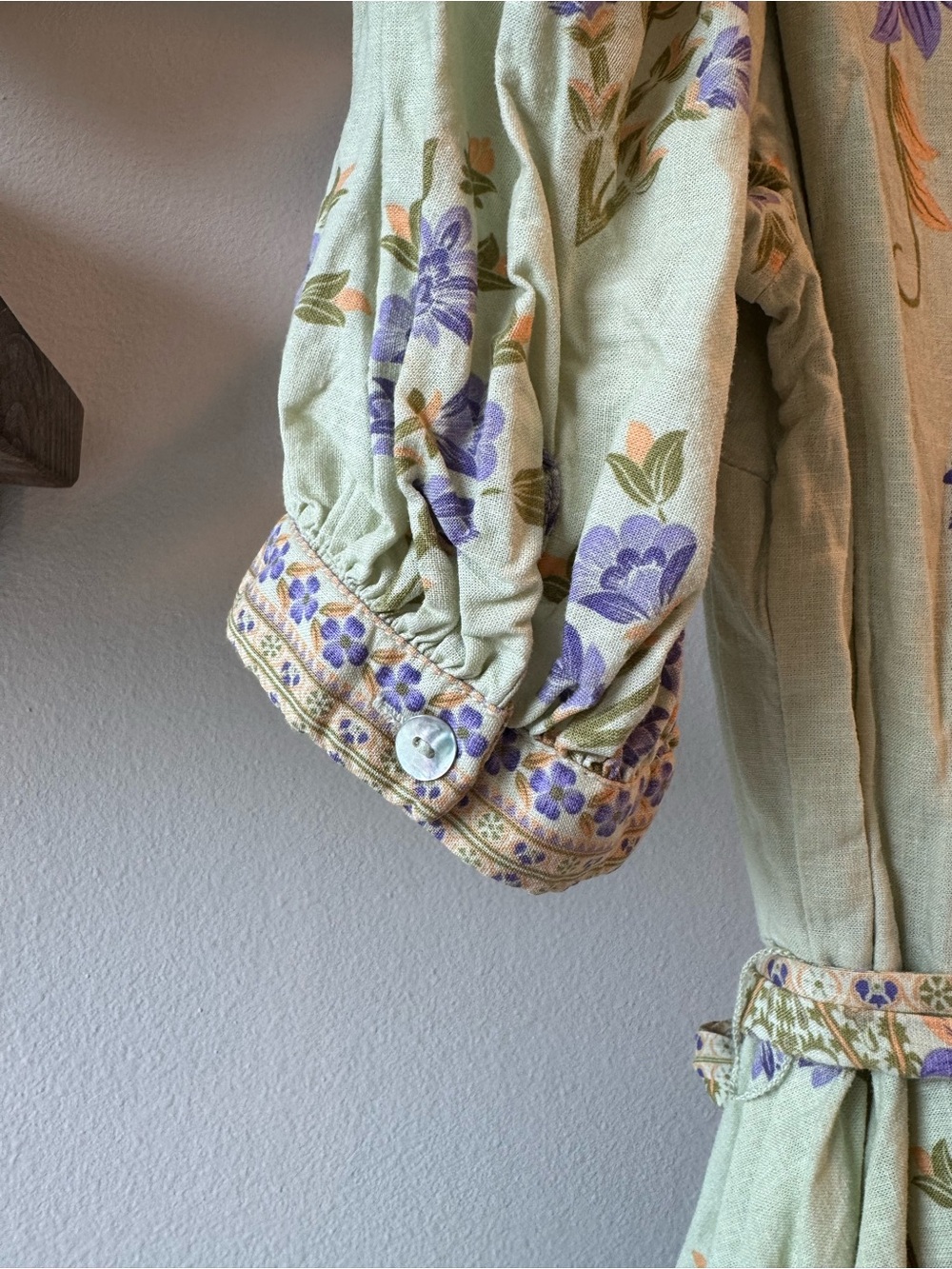 A loves A Light Green linen blend Floral Tie-Waist Mini Dress - Picture 3 of 8